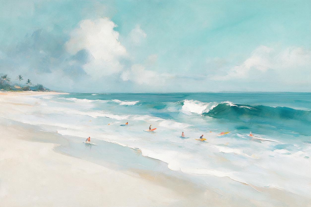 ARBYNART Impressionist Art | Surfers below a Palm-Fringed Coast