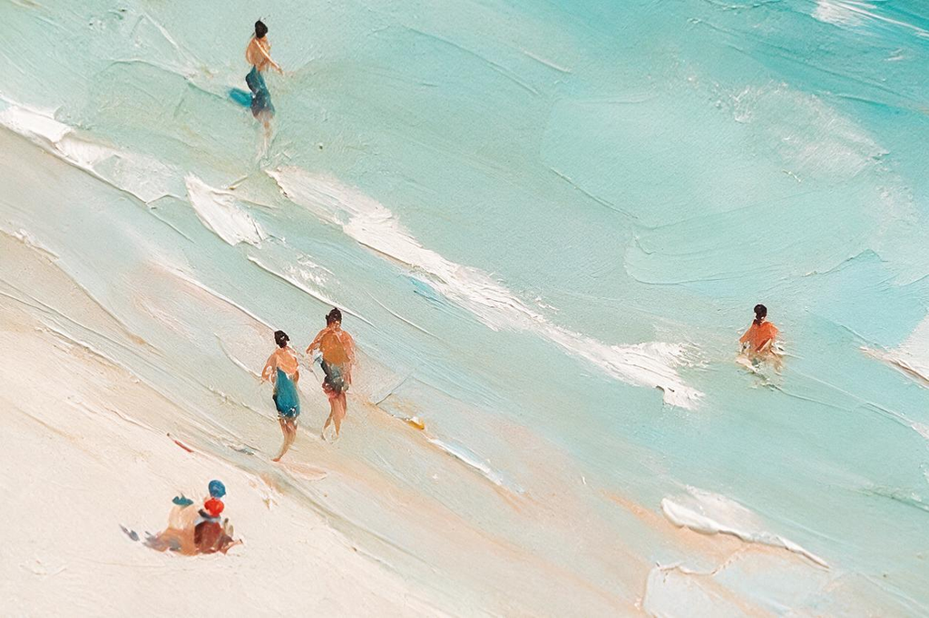 ARBYNART Impressionist Art | Blue Umbrella on a Slanted Beach
