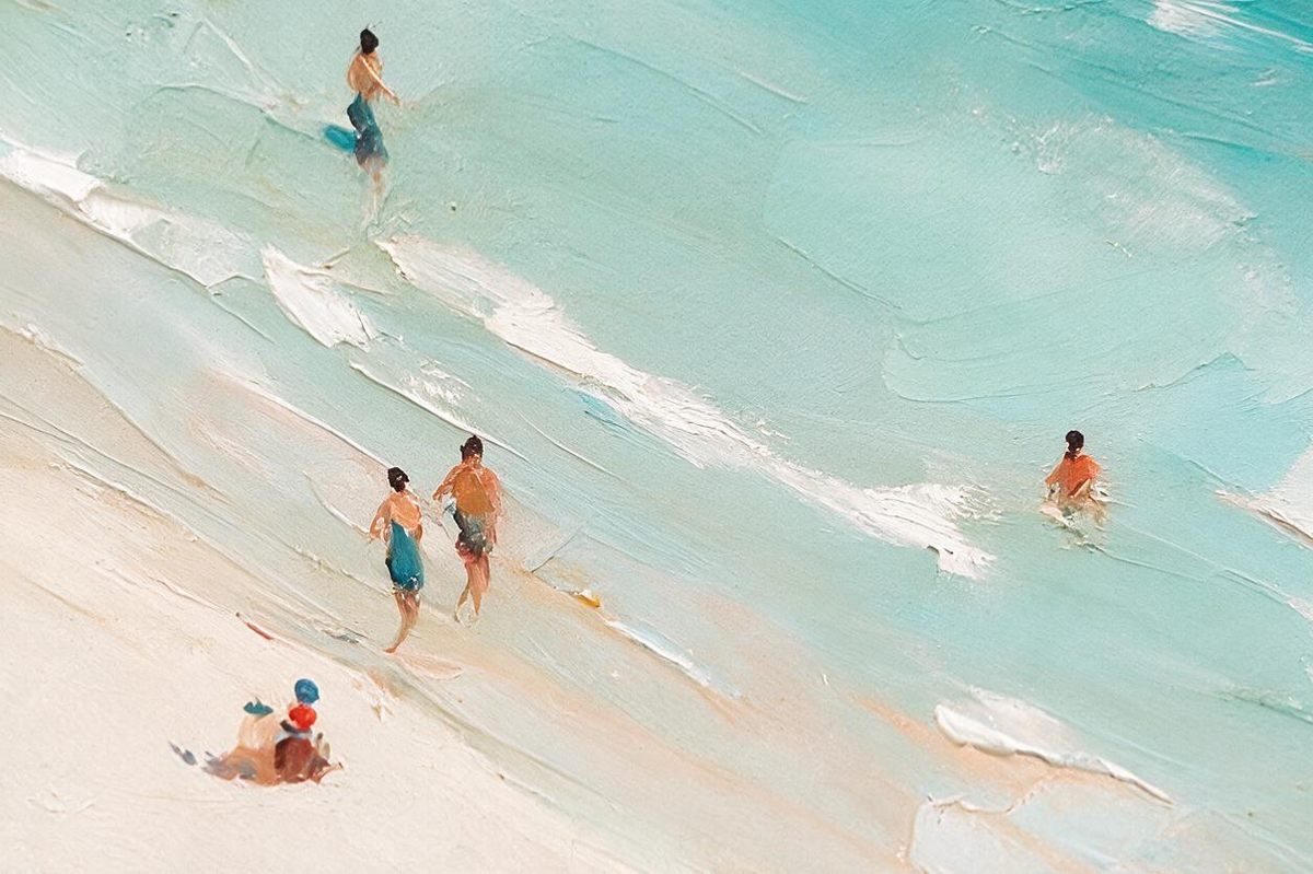 ARBYNART Impressionist Art | Blue Umbrella on a Slanted Beach