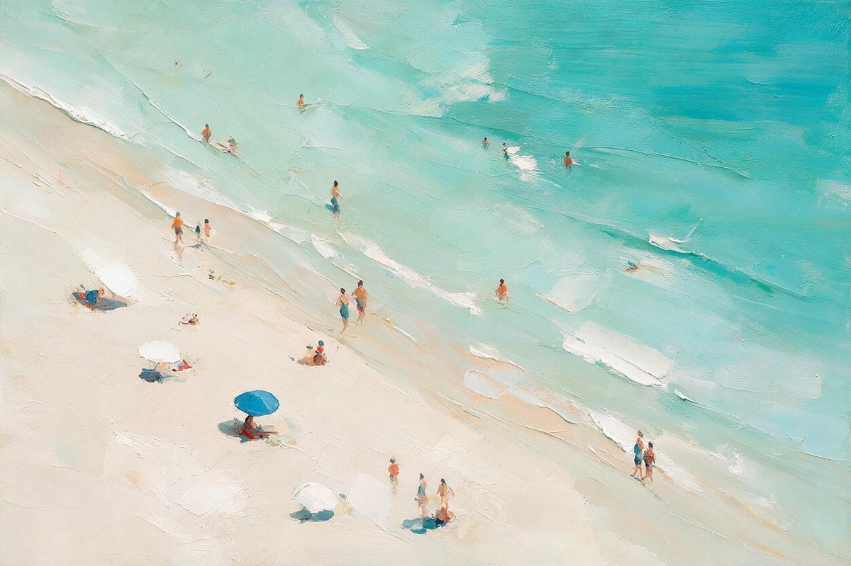 ARBYNART Impressionist Art | Blue Umbrella on a Slanted Beach