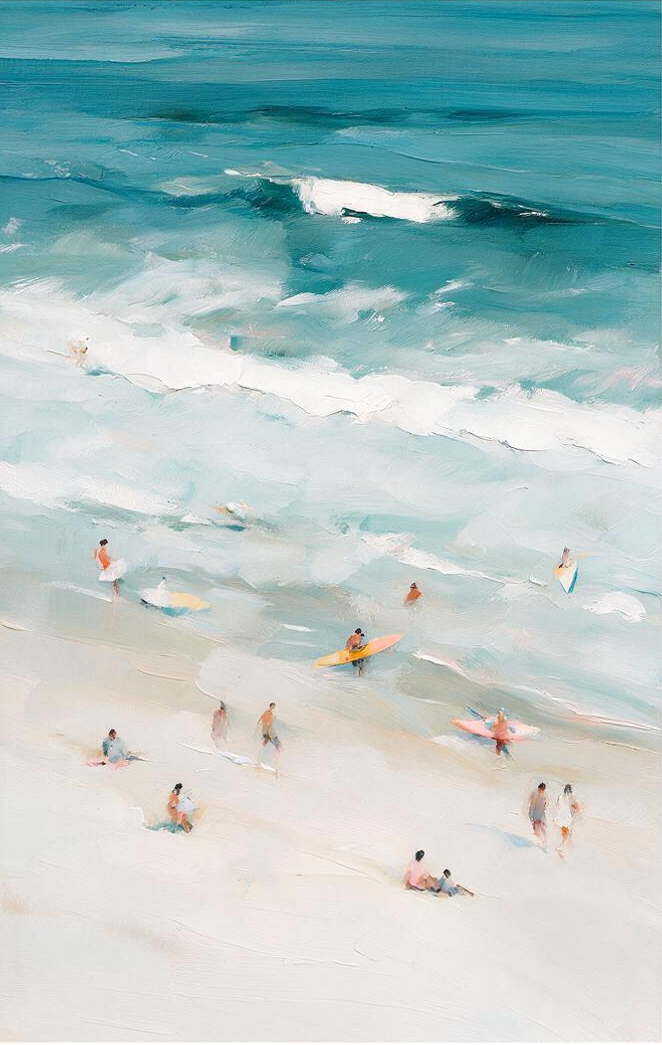 ARBYNART Impressionist Art | Tiny Surfers on a Vast Pale Beach