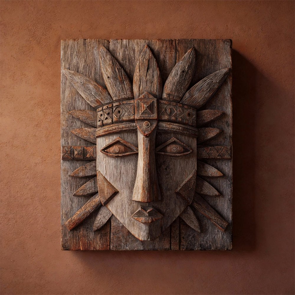 Tonatiuh‘s Gaze — spiritual wood wall sculpture