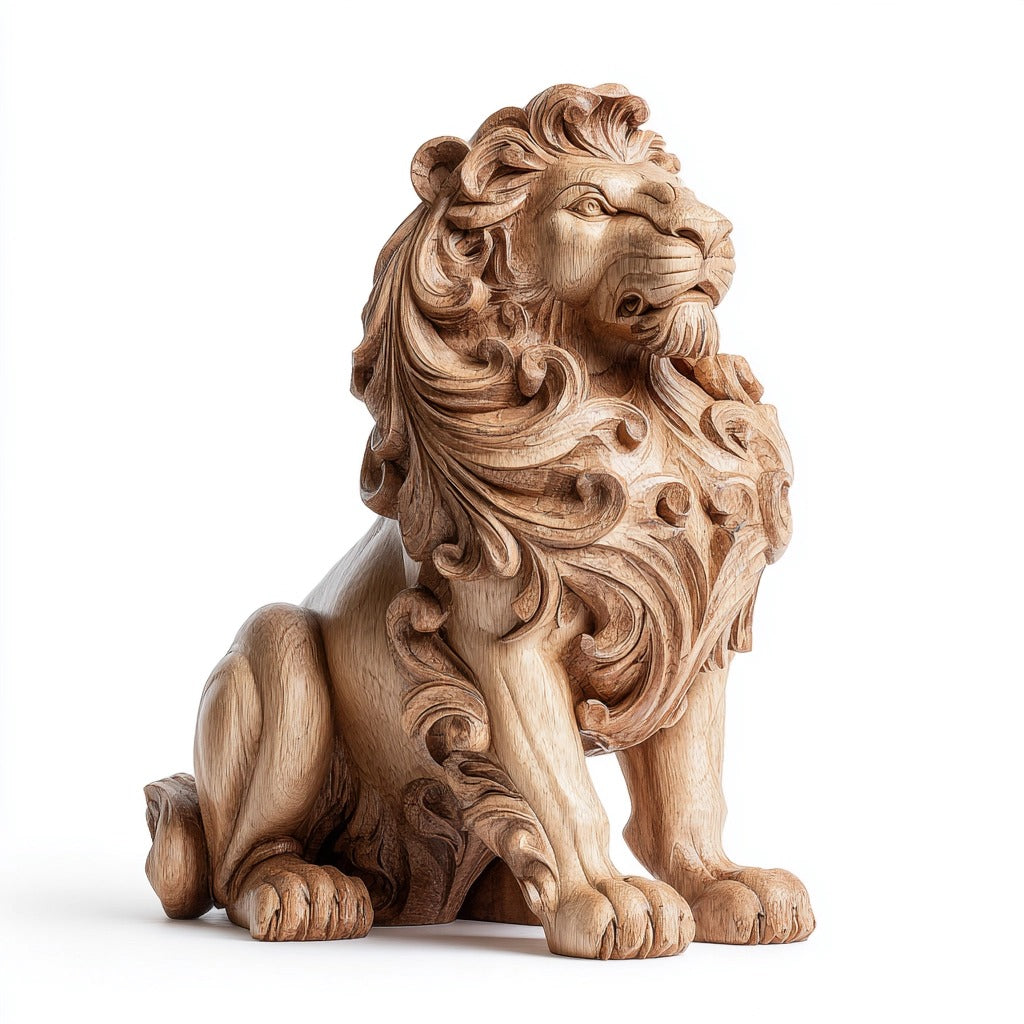 Regal Sentinel — lion wood sculpture