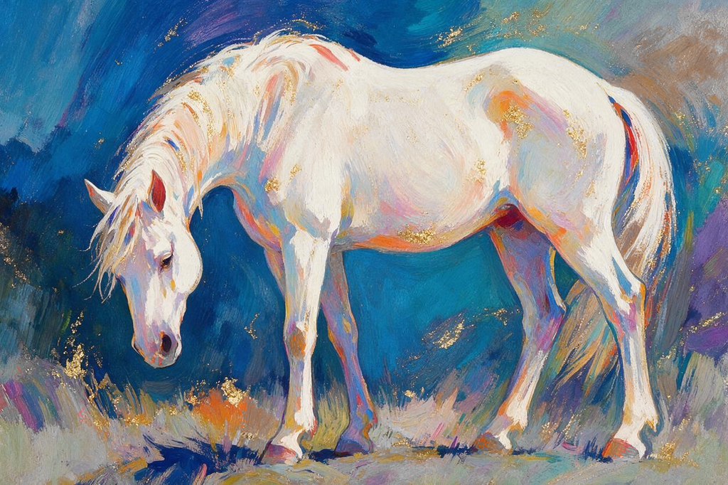 ARBYNART Americana Art | White Horse Bowing in Blue