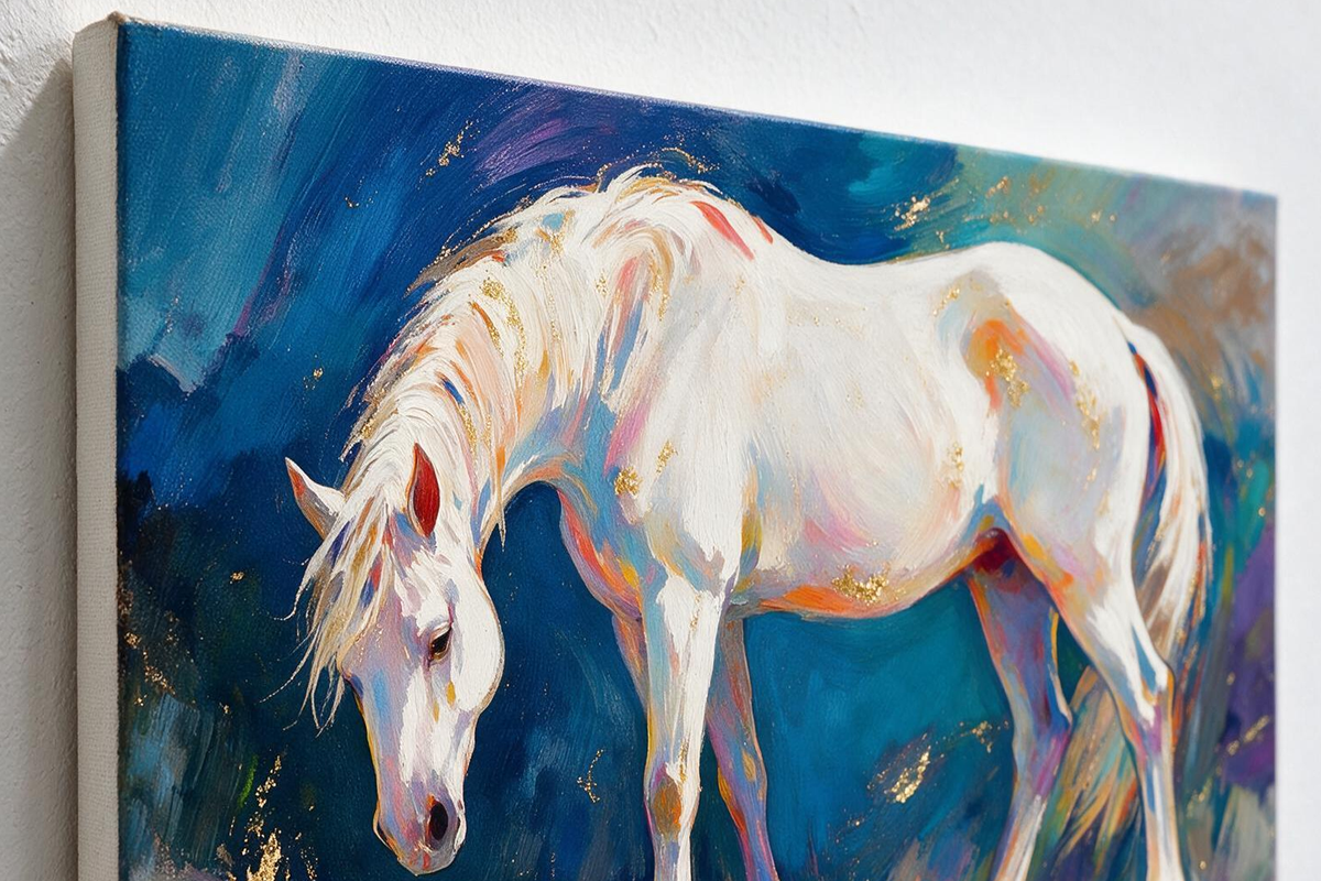 ARBYNART Americana Art | White Horse Bowing in Blue
