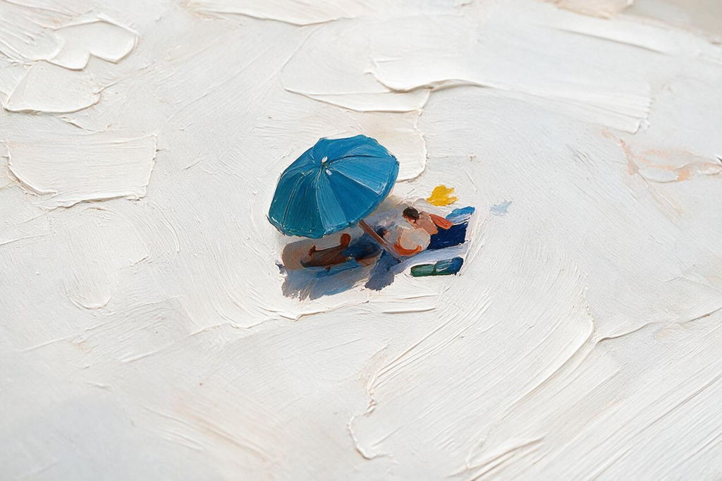 ARBYNART Impressionist Art | Blue Umbrella on a Busy Shore