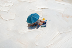 ARBYNART Impressionist Art | Blue Umbrella on a Busy Shore