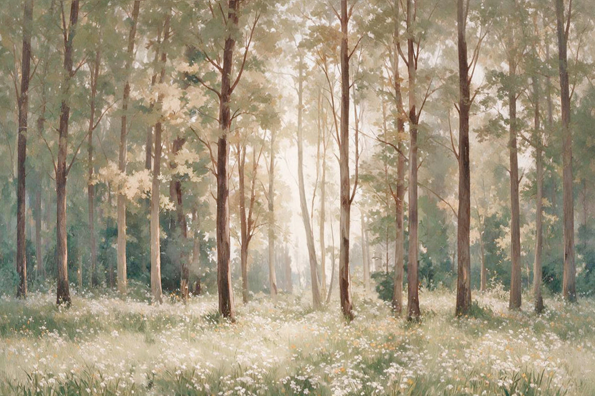 ARBYNART Impressionist Art | White Flowers beneath Tall Trees