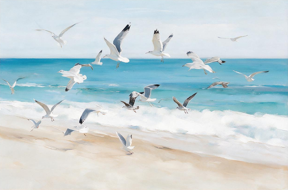 ARBYNART Impressionist Art | Flock of Gulls above the Surf