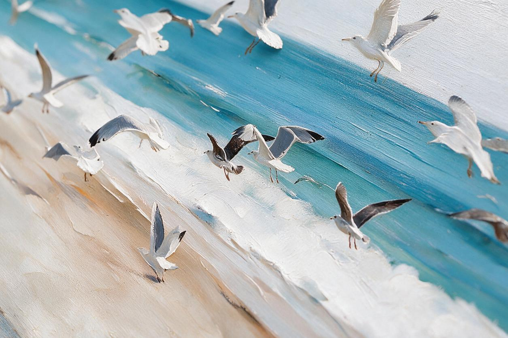 ARBYNART Impressionist Art | Flock of Gulls above the Surf