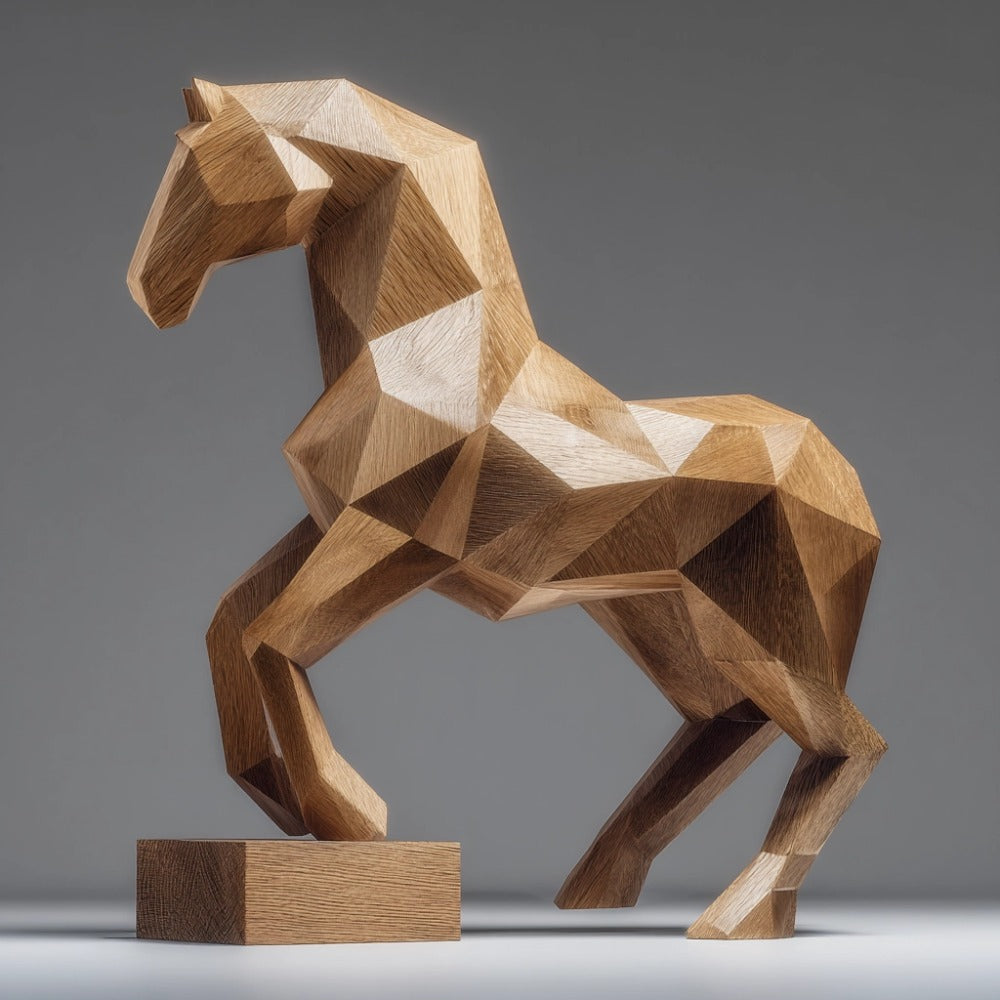 Faceted geometric wooden horse sculpture on a gray background
