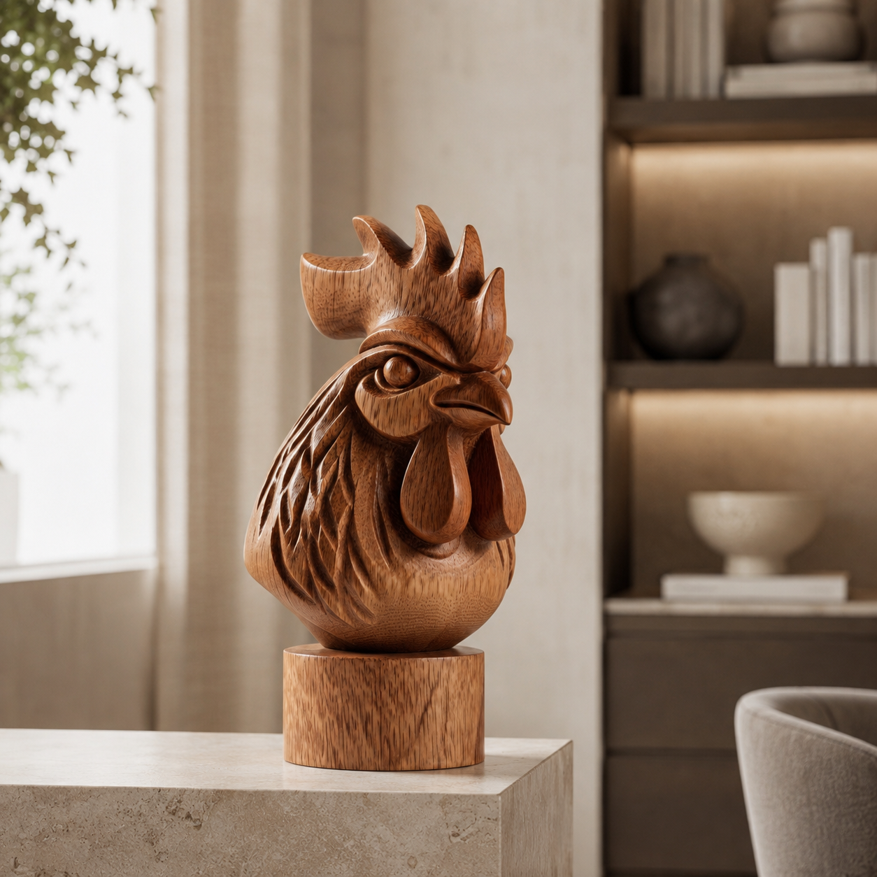 ARBYNART Carved Rooster Wood Sculpture