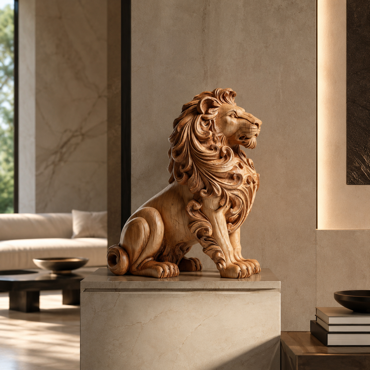 ARBYNART Ornate Lion Wood Sculpture