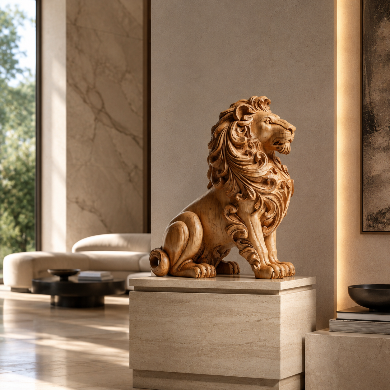 ARBYNART Ornate Lion Wood Sculpture