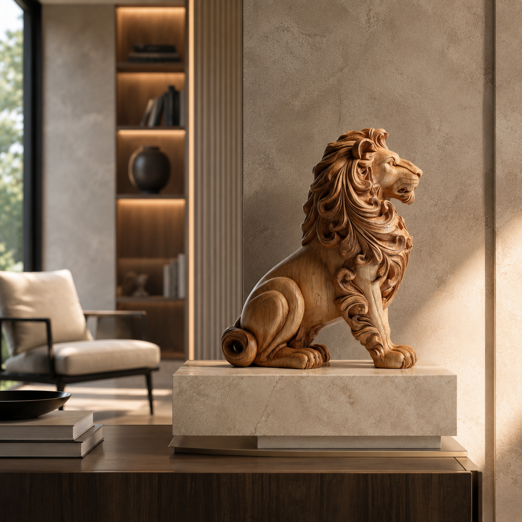 ARBYNART Ornate Lion Wood Sculpture