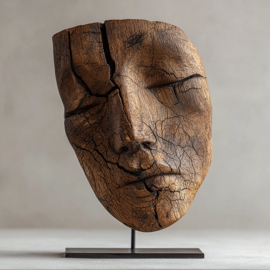 Split Eroded Visage Sculpture — wood face sculpture