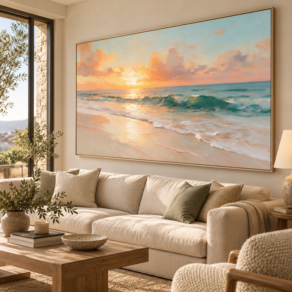 ARBYNART Impressionist Art | Amber Sky above Rolling Green Waves