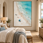 ARBYNART Impressionist Art | Blue Umbrella on a Busy Shore
