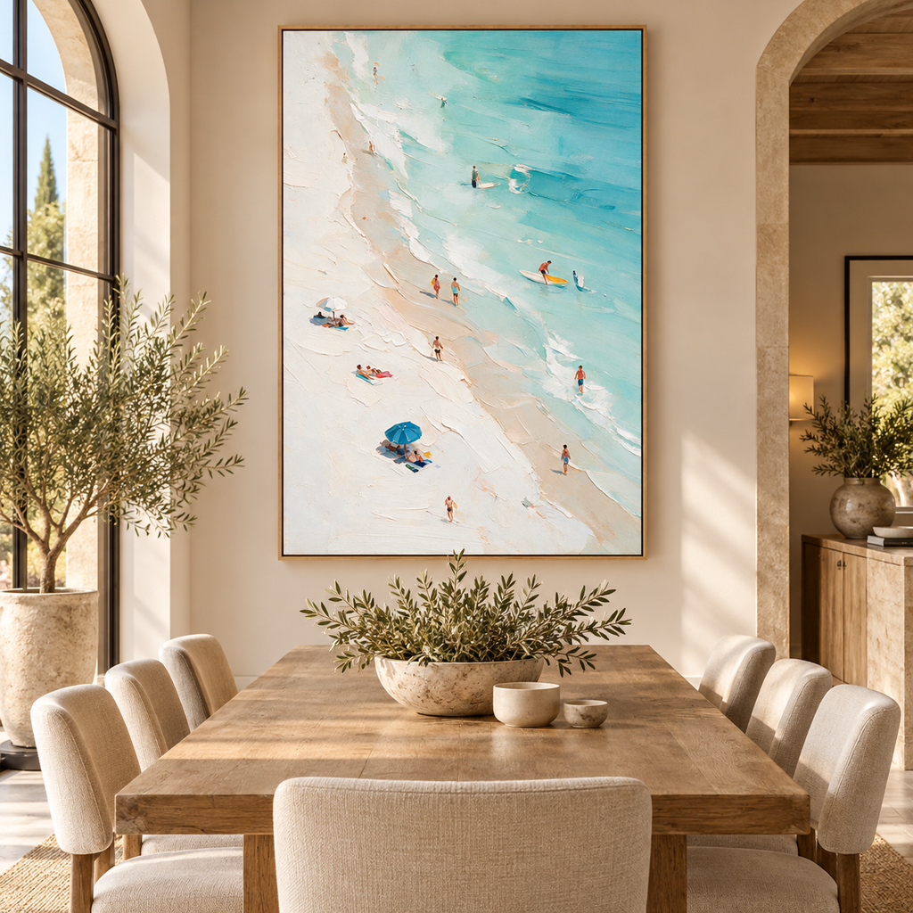 ARBYNART Impressionist Art | Blue Umbrella on a Busy Shore