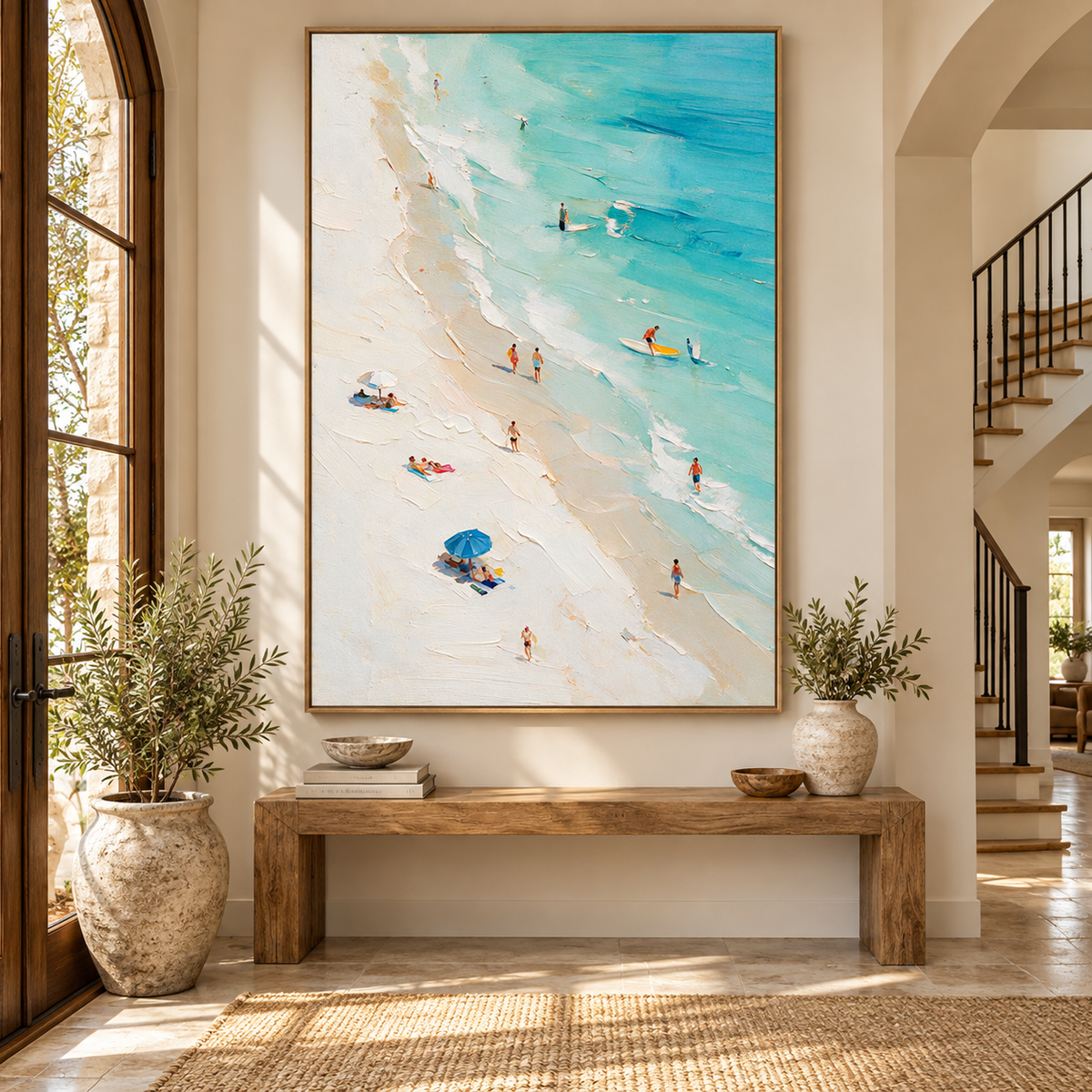 ARBYNART Impressionist Art | Blue Umbrella on a Busy Shore