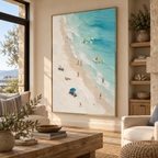 ARBYNART Impressionist Art | Blue Umbrella on a Busy Shore