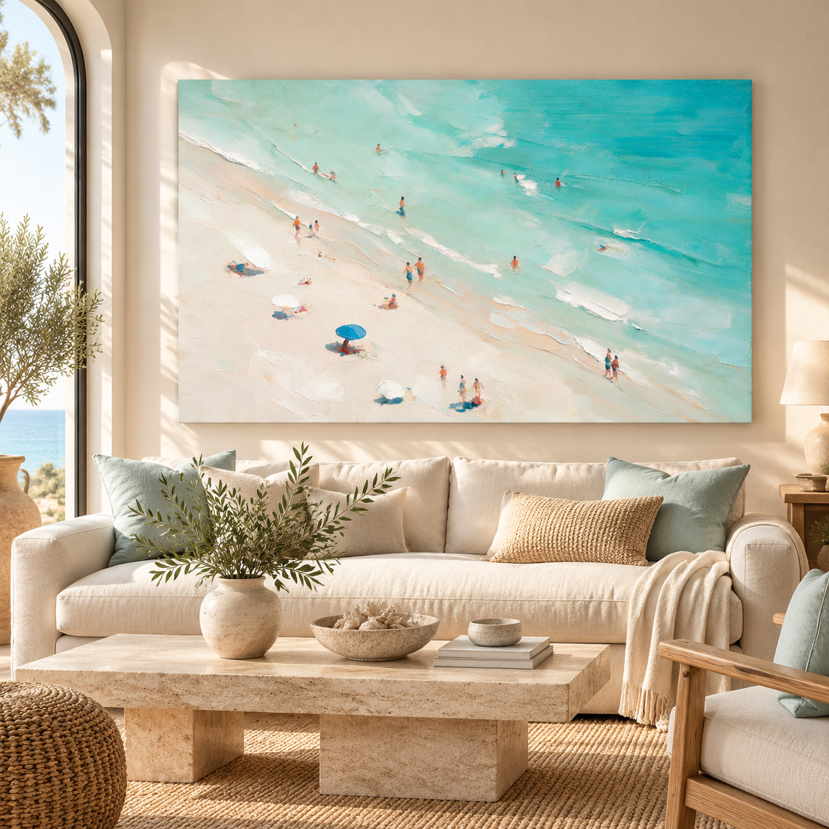ARBYNART Impressionist Art | Blue Umbrella on a Slanted Beach