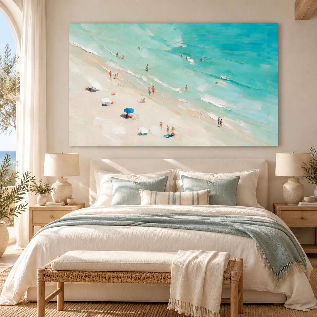 ARBYNART Impressionist Art | Blue Umbrella on a Slanted Beach