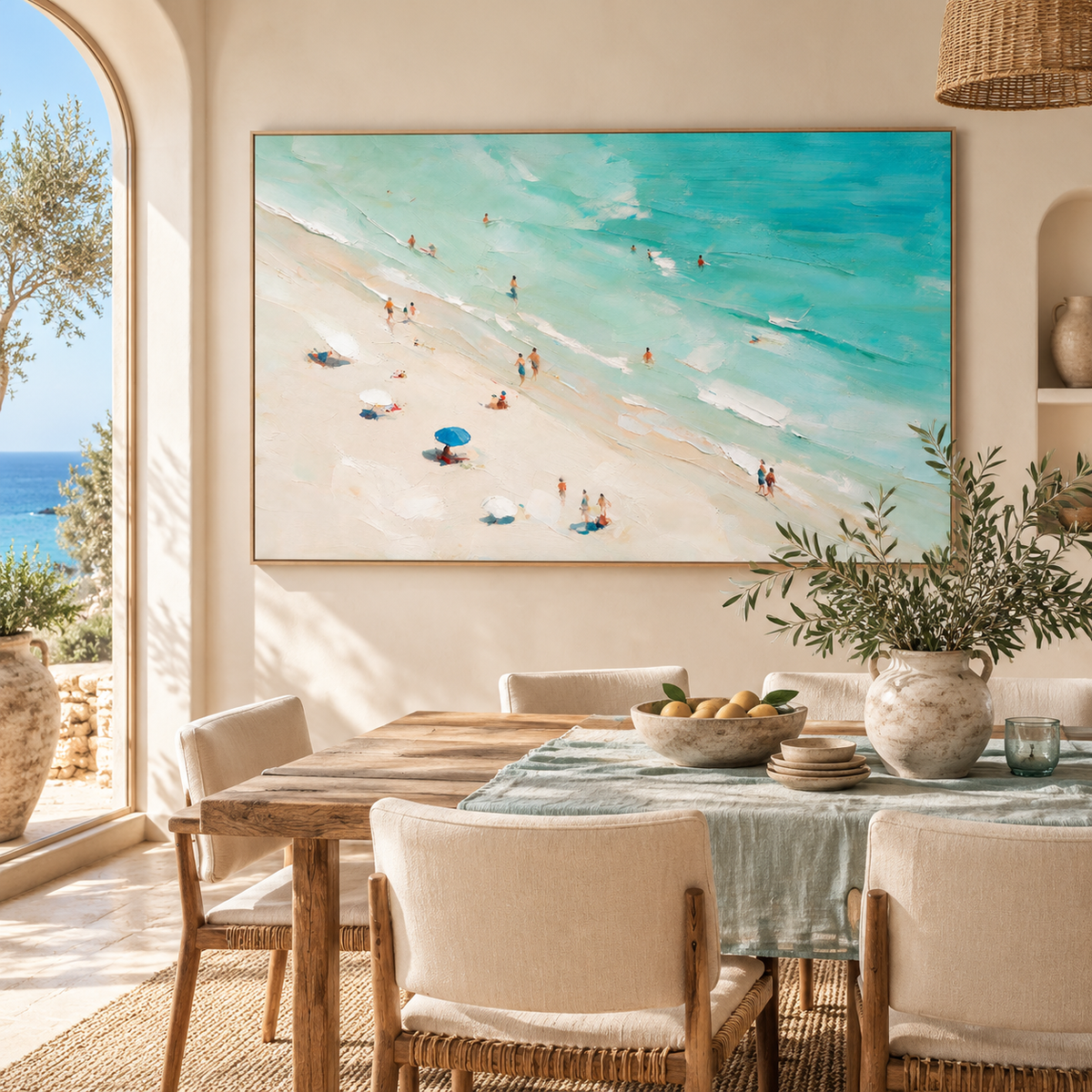 ARBYNART Impressionist Art | Blue Umbrella on a Slanted Beach