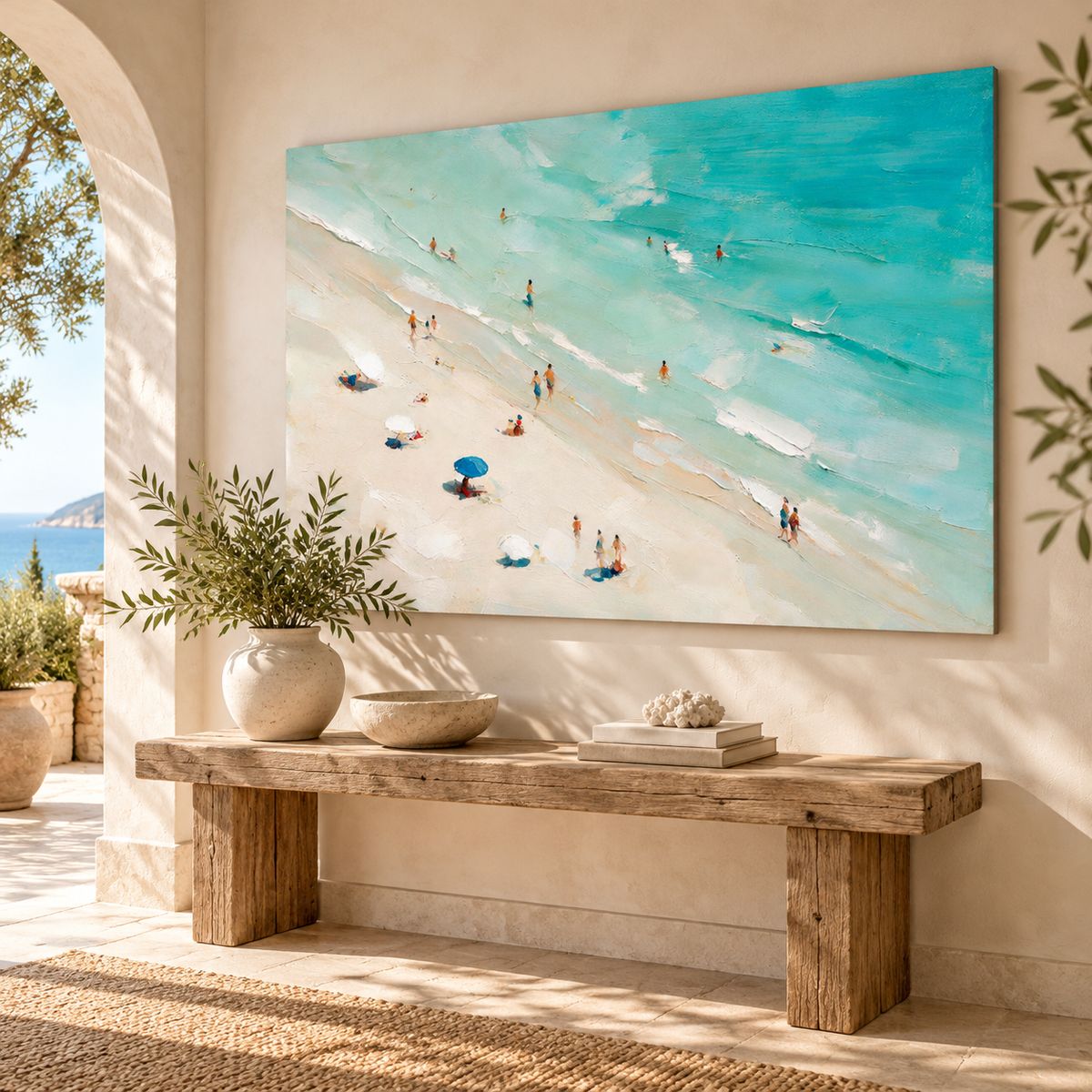 ARBYNART Impressionist Art | Blue Umbrella on a Slanted Beach