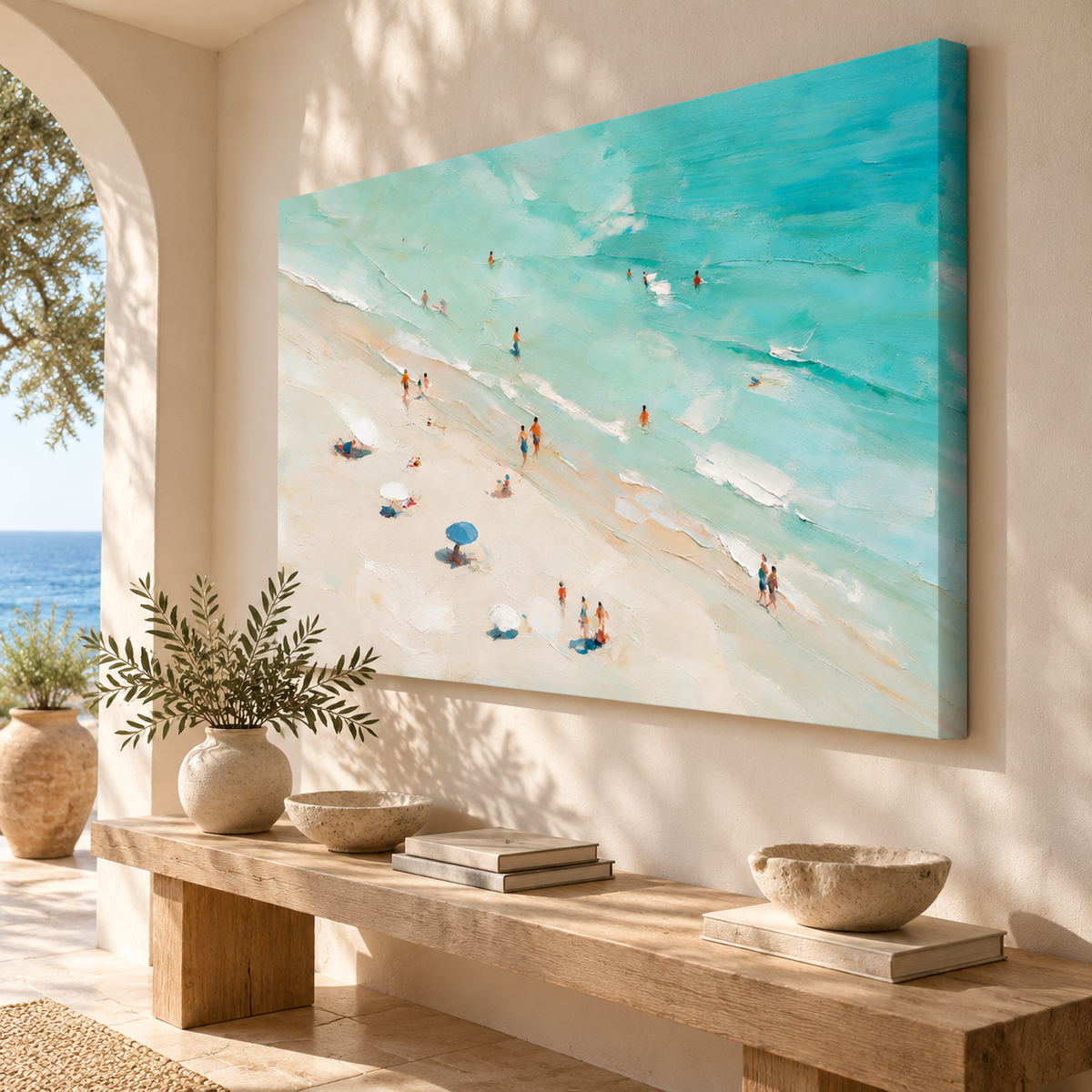 ARBYNART Impressionist Art | Blue Umbrella on a Slanted Beach