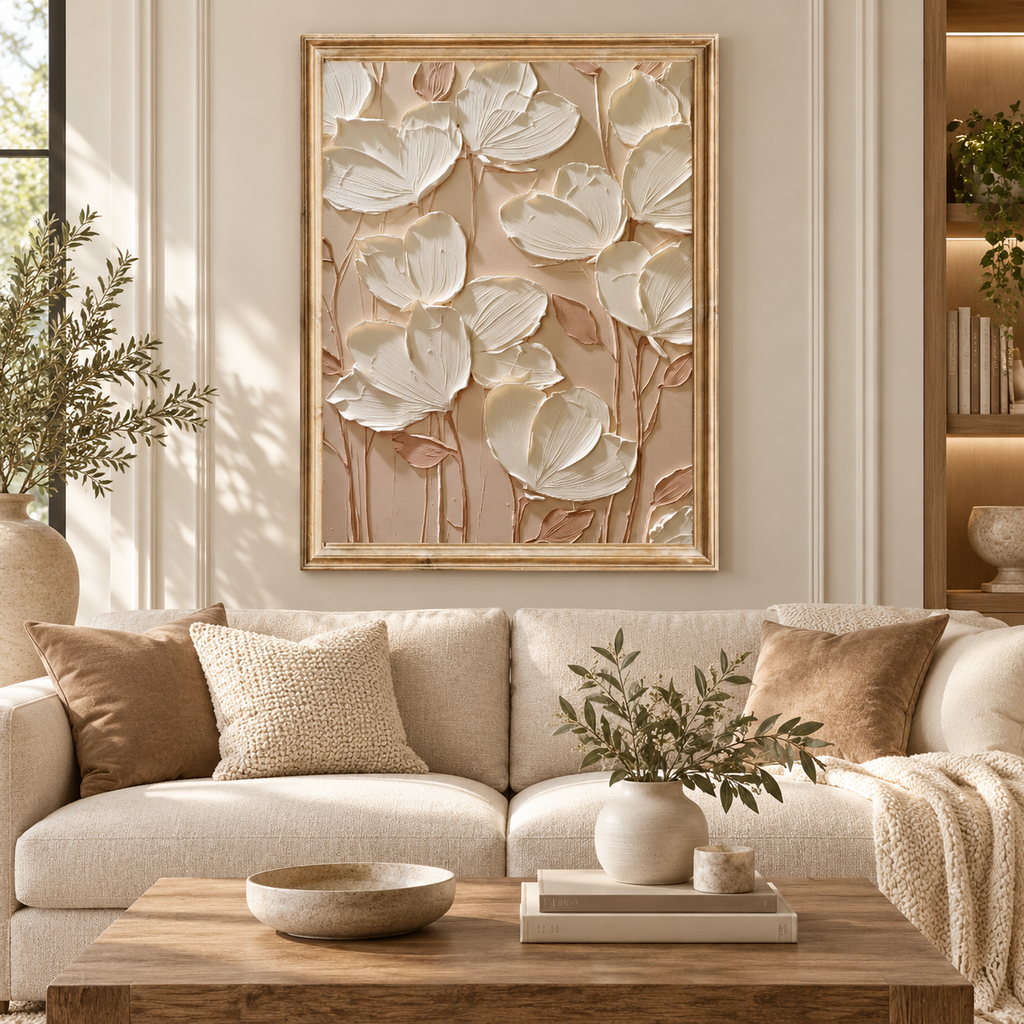 ARBYNART 3D Textured Art | Cream Floral Relief