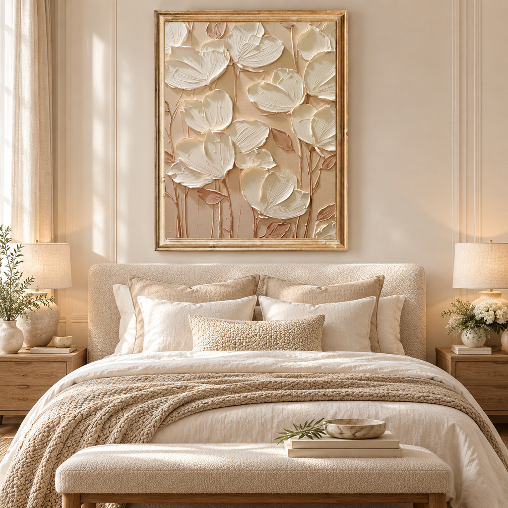 ARBYNART 3D Textured Art | Cream Floral Relief