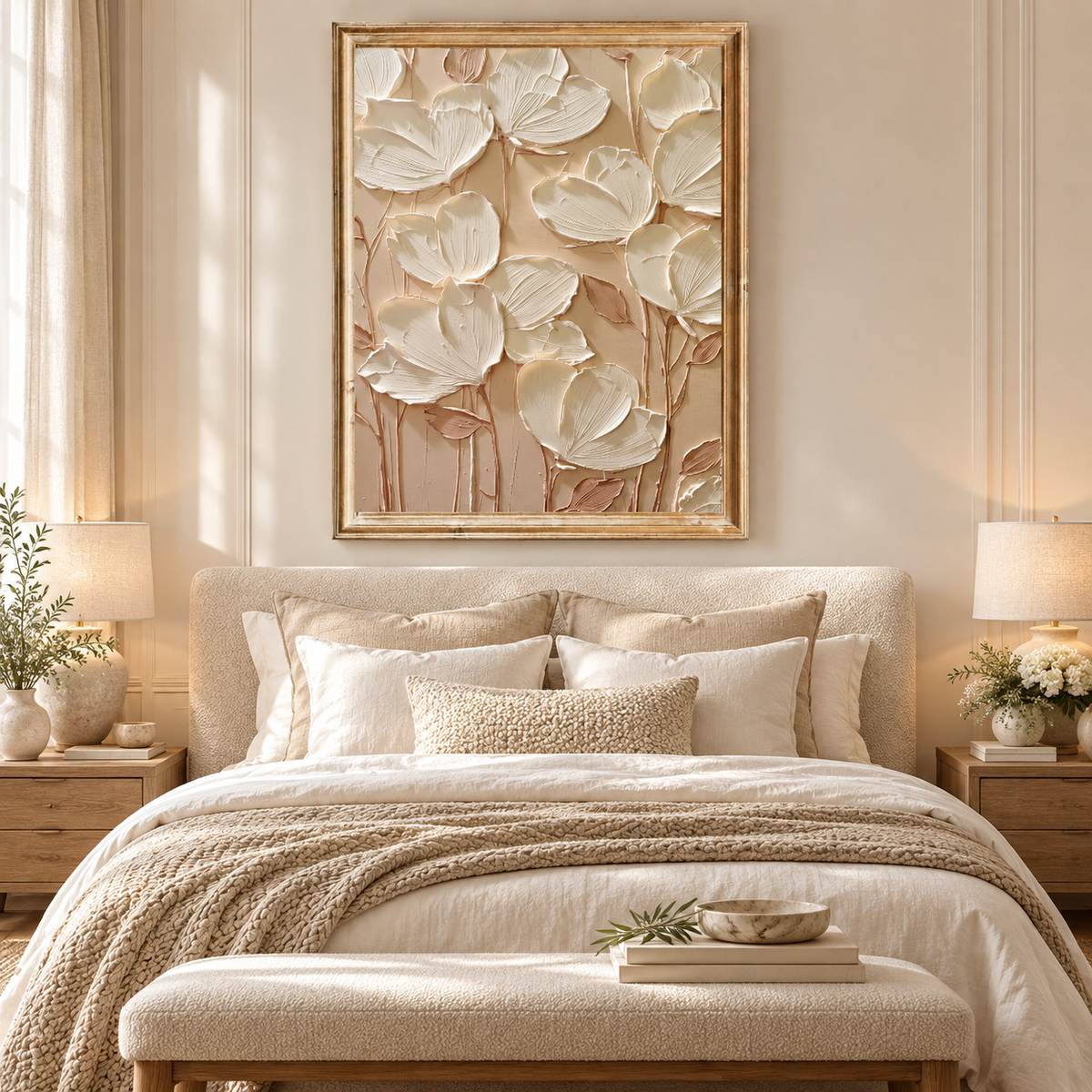 ARBYNART 3D Textured Art | Cream Floral Relief