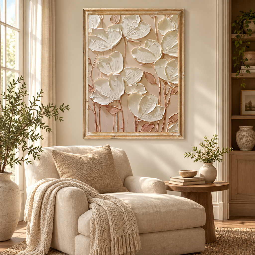 ARBYNART 3D Textured Art | Cream Floral Relief