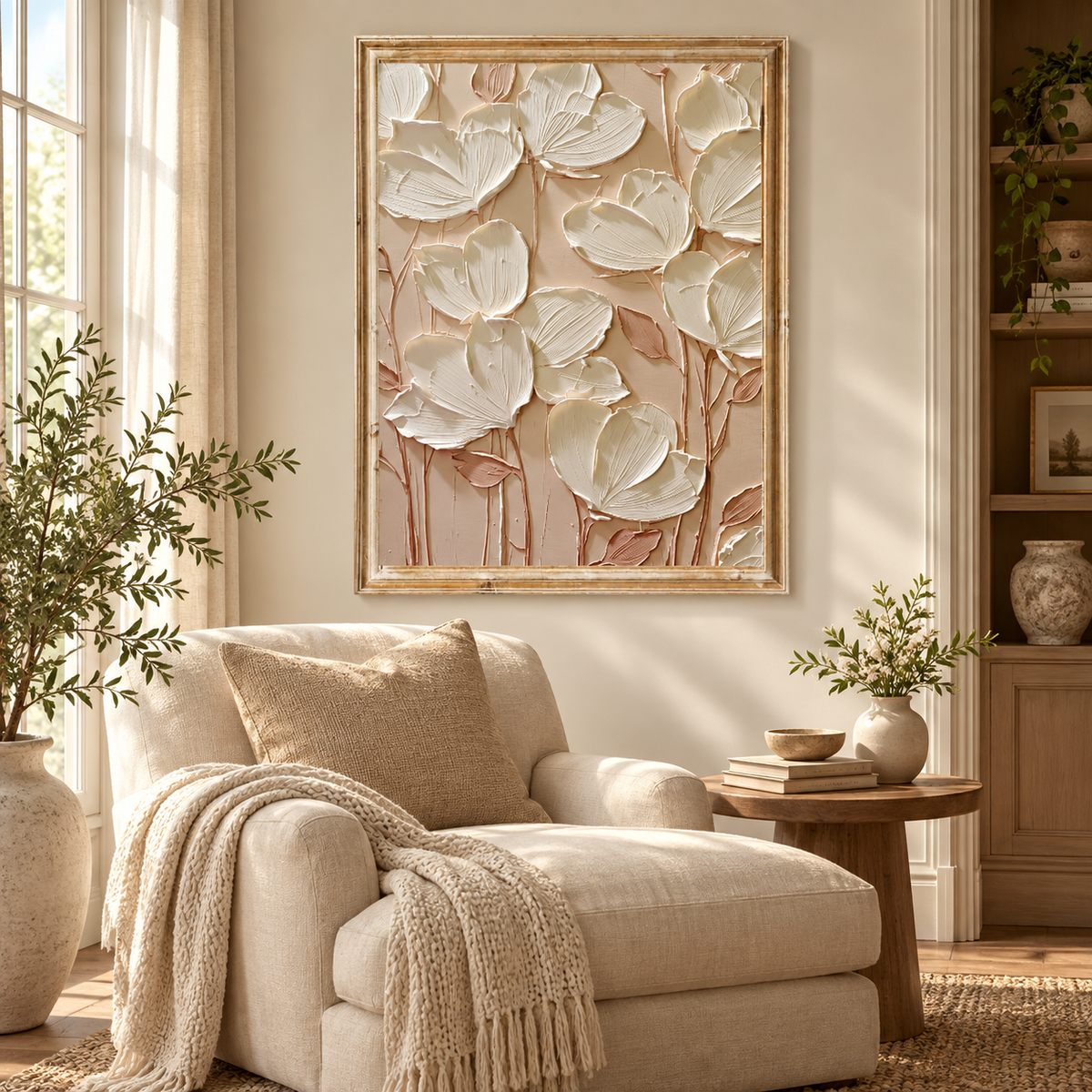 ARBYNART 3D Textured Art | Cream Floral Relief
