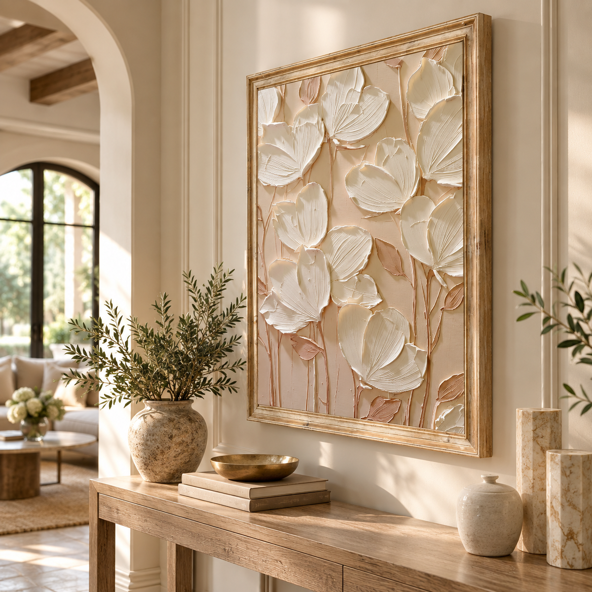 ARBYNART 3D Textured Art | Cream Floral Relief