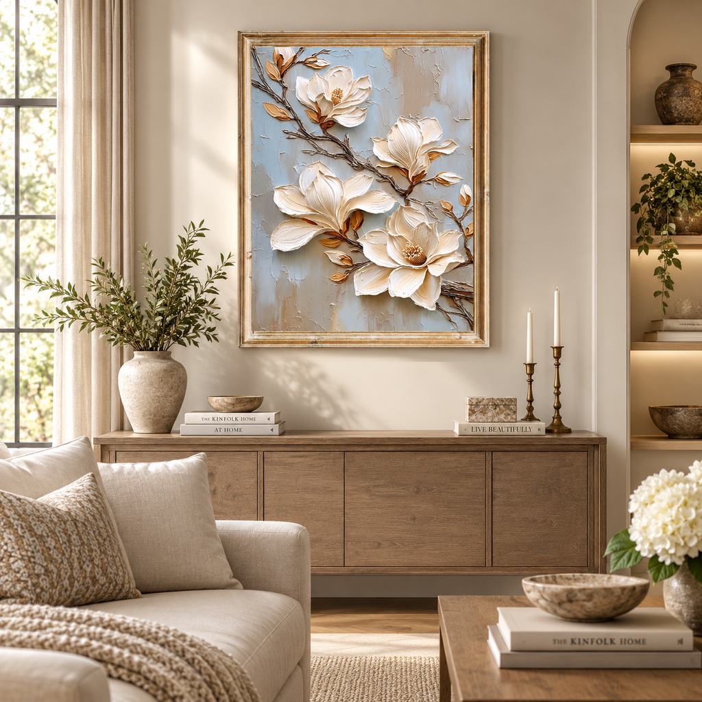 ARBYNART 3D Textured Art | Cream Magnolia Blooms