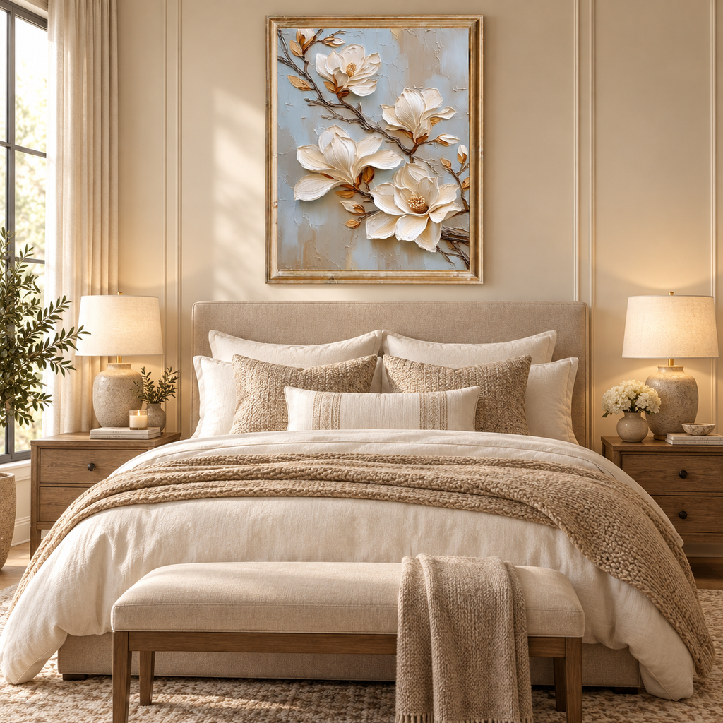 ARBYNART 3D Textured Art | Cream Magnolia Blooms