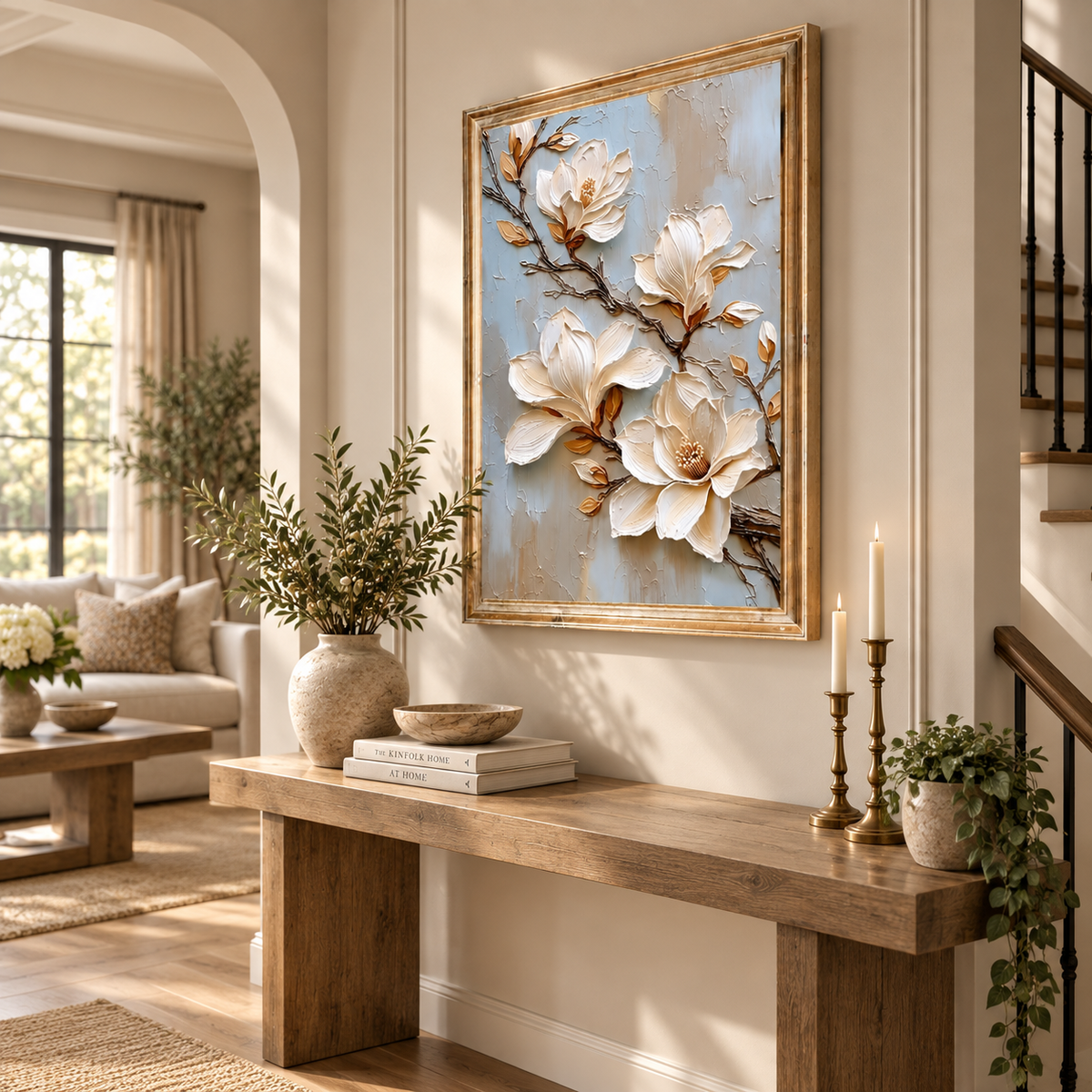 ARBYNART 3D Textured Art | Cream Magnolia Blooms