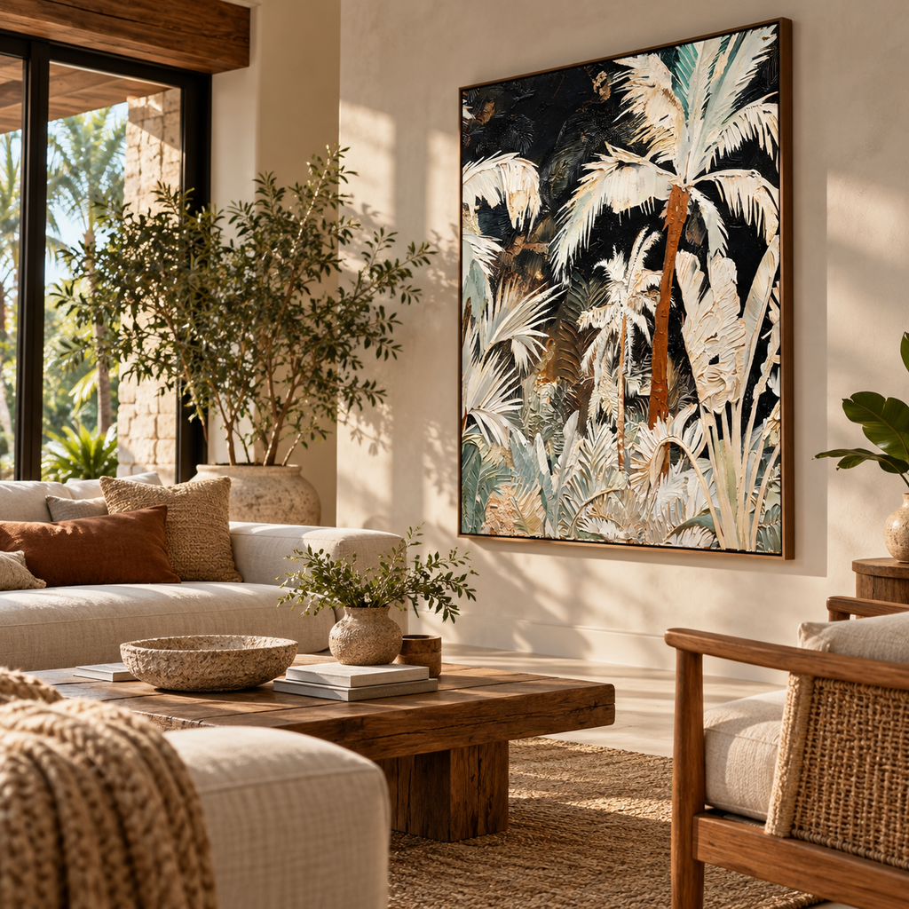 ARBYNART Abstract Art | Crimson Trunk in Ivory Fronds
