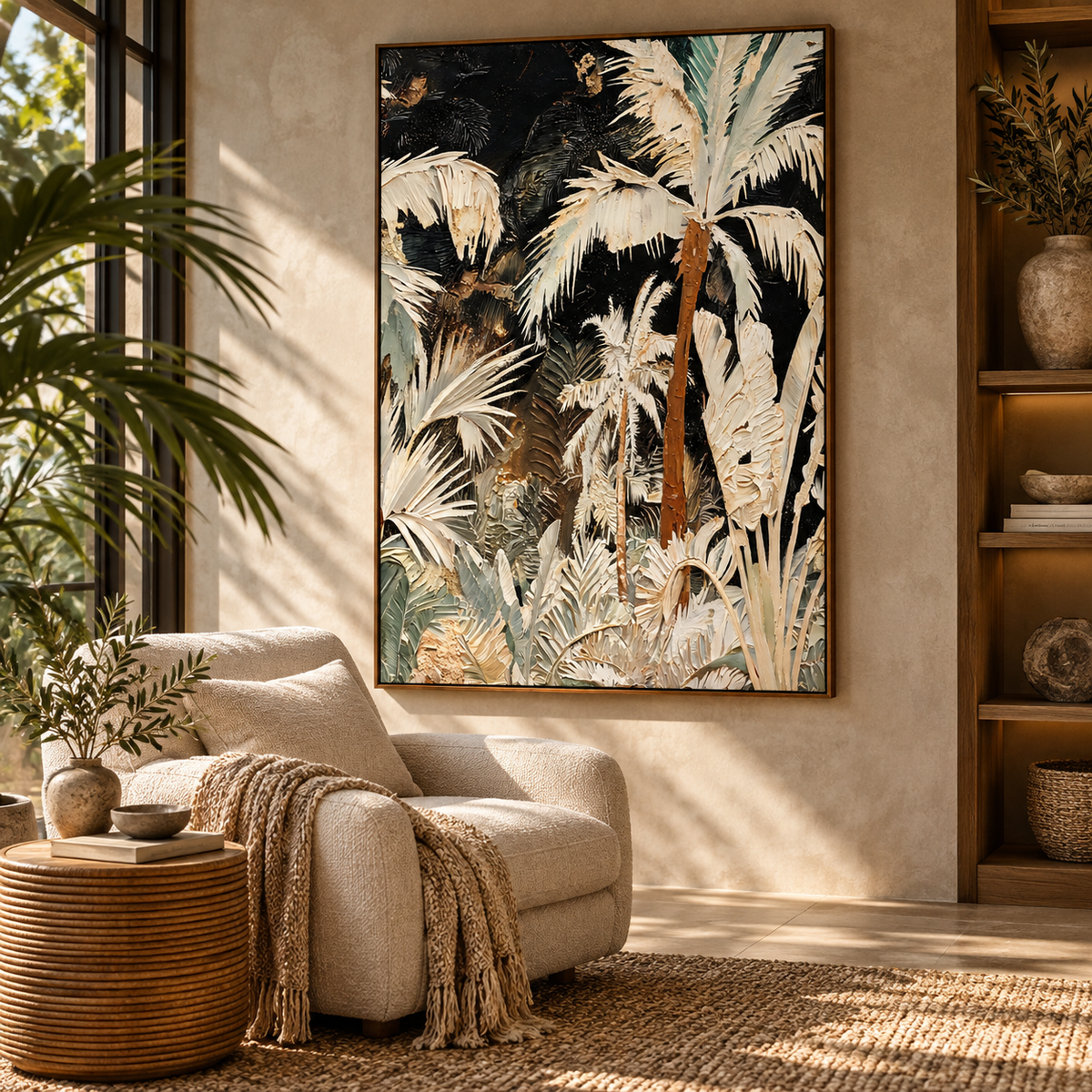 ARBYNART Abstract Art | Crimson Trunk in Ivory Fronds