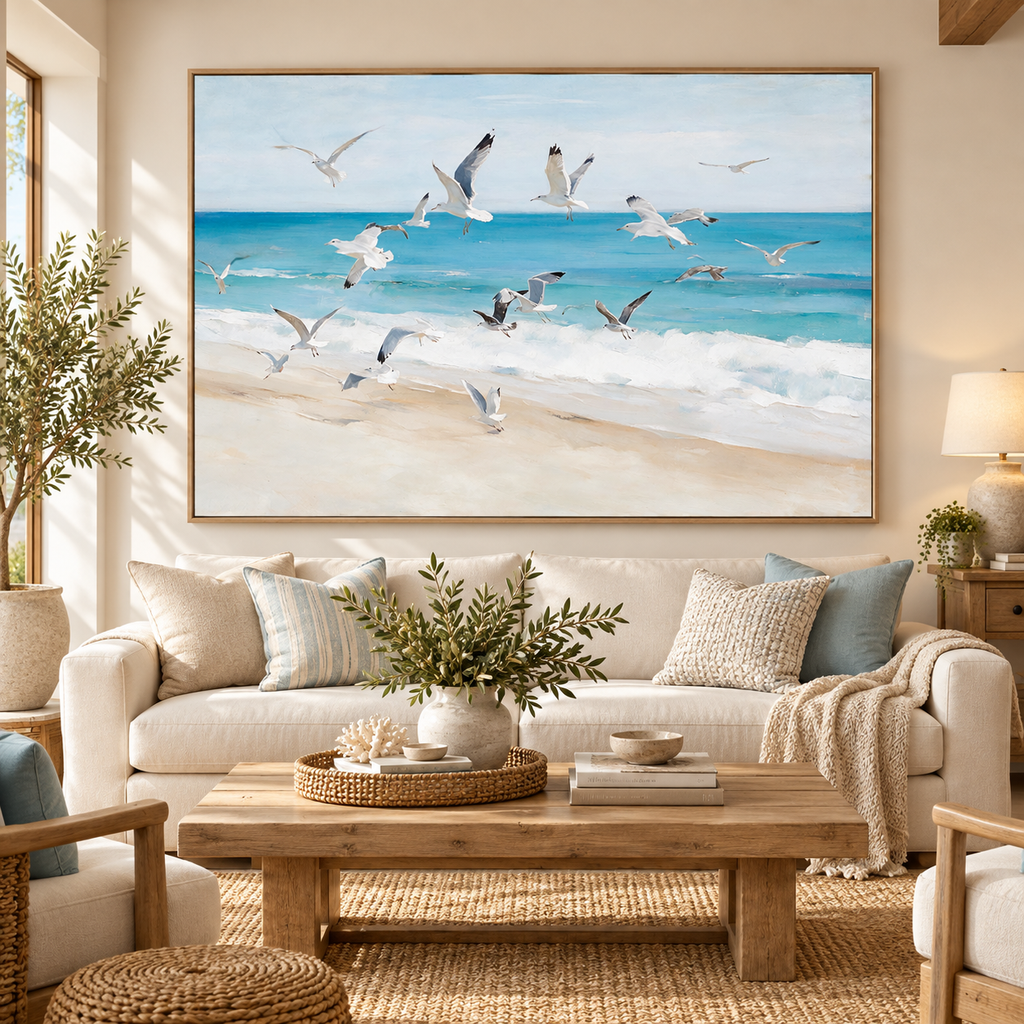 ARBYNART Impressionist Art | Flock of Gulls above the Surf