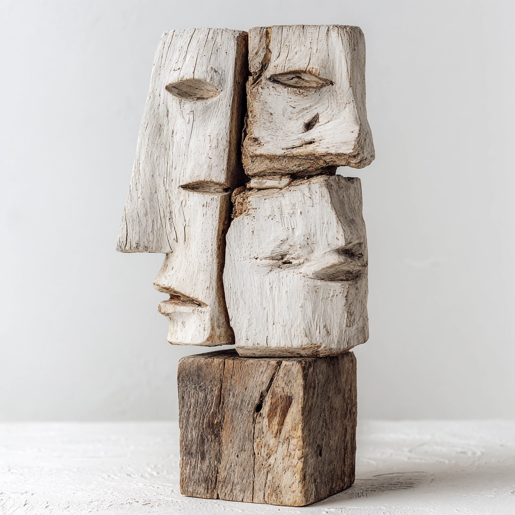 Quadruple Stacked Profile Totem Sculpture — wood face sculpture