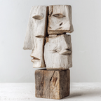 Quadruple Stacked Profile Totem Sculpture — wood face sculpture