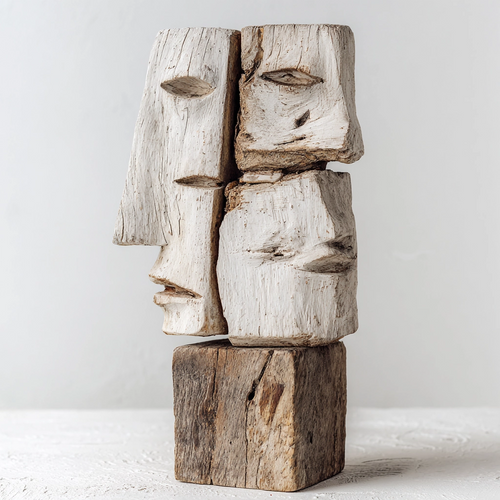Quadruple Stacked Profile Totem Sculpture — wood face sculpture