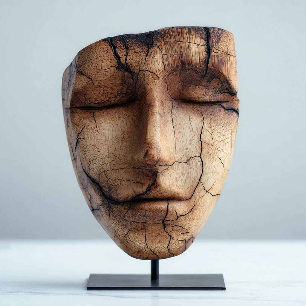 Weathered Cracked Visage Mask Sculpture — wood mask wall sculpture