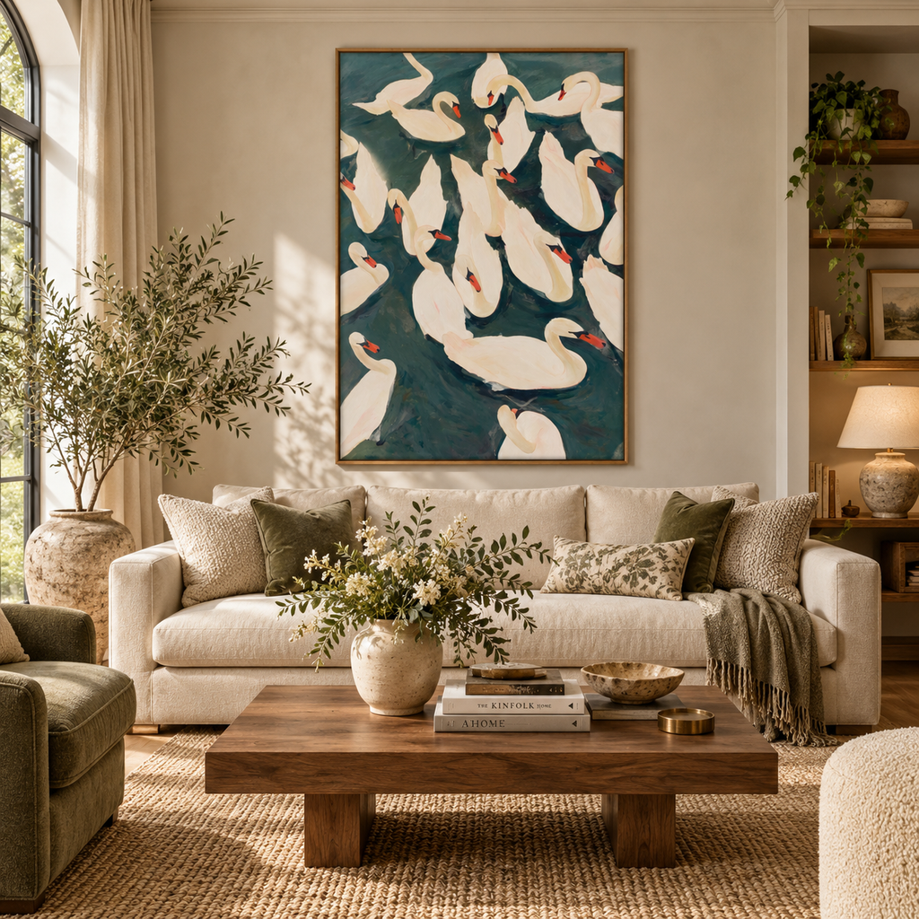 ARBYNART Abstract Art | Ivory Swans in Emerald Waters