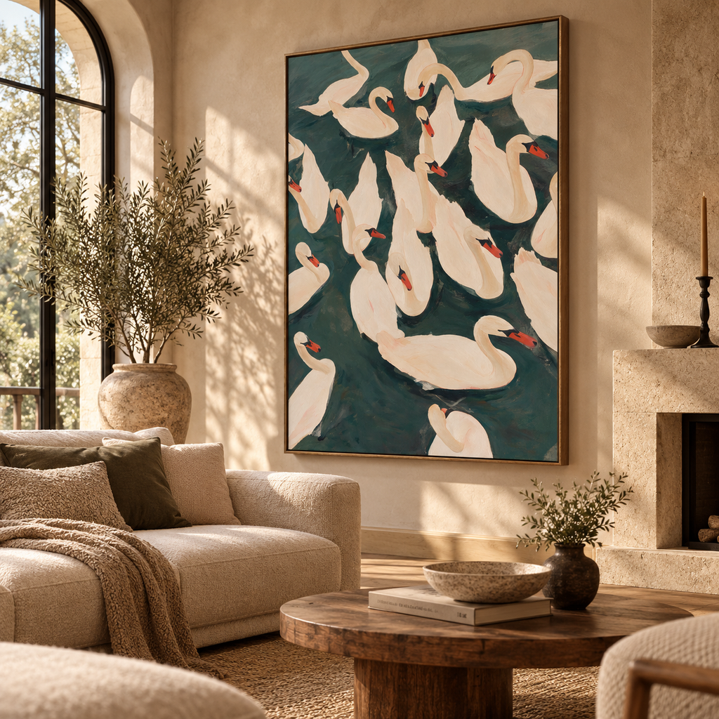 ARBYNART Abstract Art | Ivory Swans in Emerald Waters