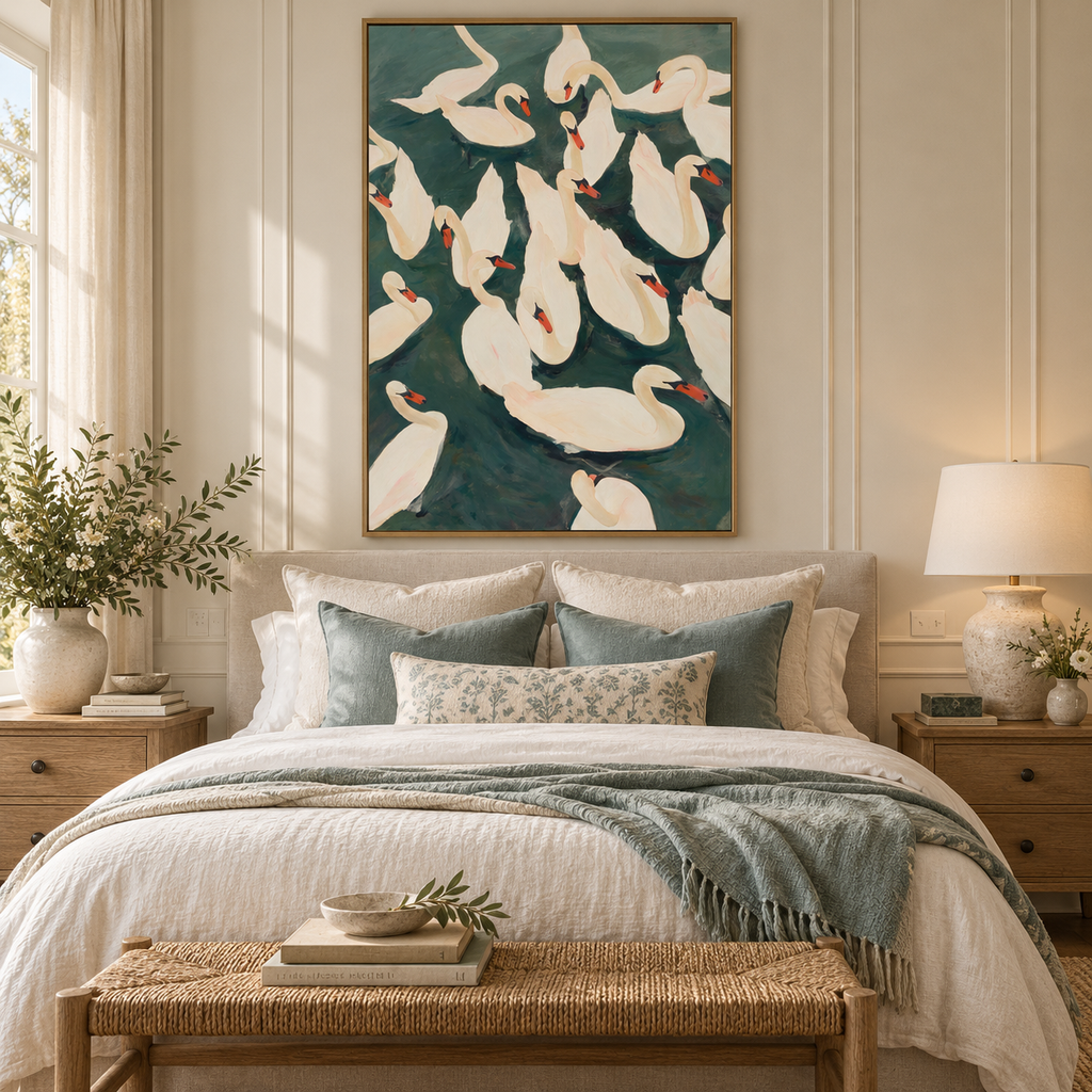 ARBYNART Abstract Art | Ivory Swans in Emerald Waters