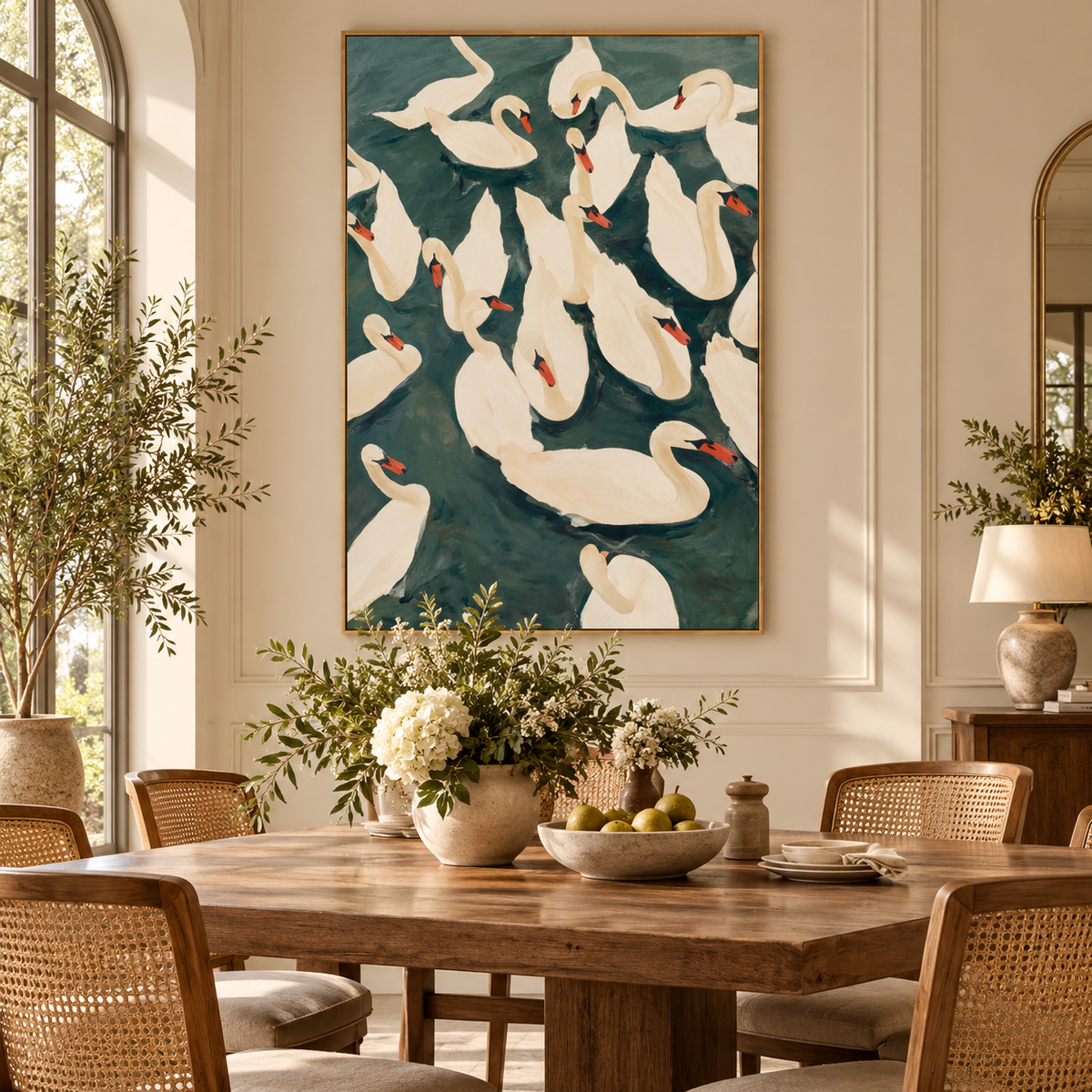 ARBYNART Abstract Art | Ivory Swans in Emerald Waters